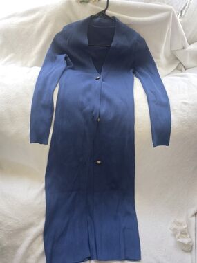Women’s Blue Ribbed Knit 2-Piece Set V-Neck Dress & Long Sleeve Button Cardigan